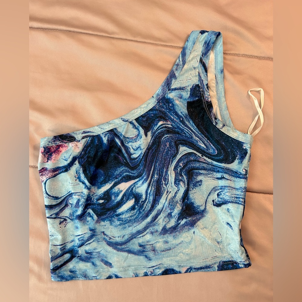 Marbled Blue and Purple One Shoulder Cropped Tank Top